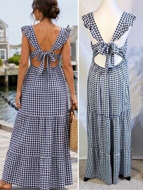 Alison Andrews Blue Gingham Plaid Tie Back Tiered Maxi Dress Cottagecore Sz M💚